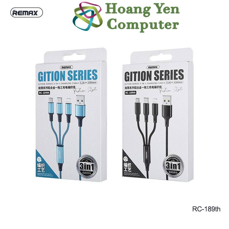 [MẪU MỚI] Cáp Sạc 3 Đầu Remax RC-189TH (IPTablet - MICRO USB - TYPE C) Dây Dù 1.2M - Hoàng Yến Computer
