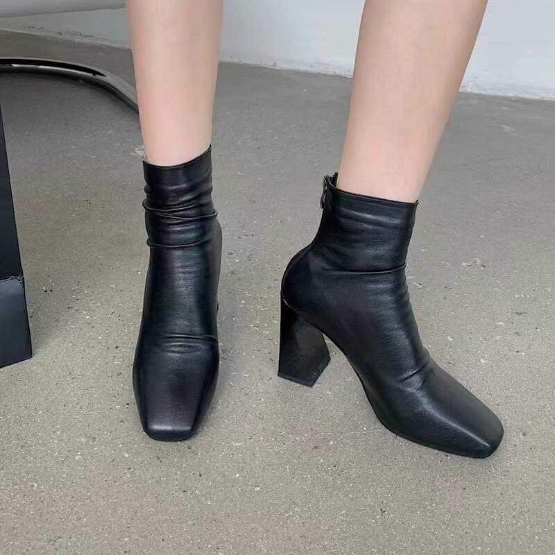 Giày boot nữ da mềm 2021 B SHOES, boot thấp cổ lót nỉ khoá sau, mũi vuông, kiểu dáng hiện đại trẻ trung, cao 7p B24