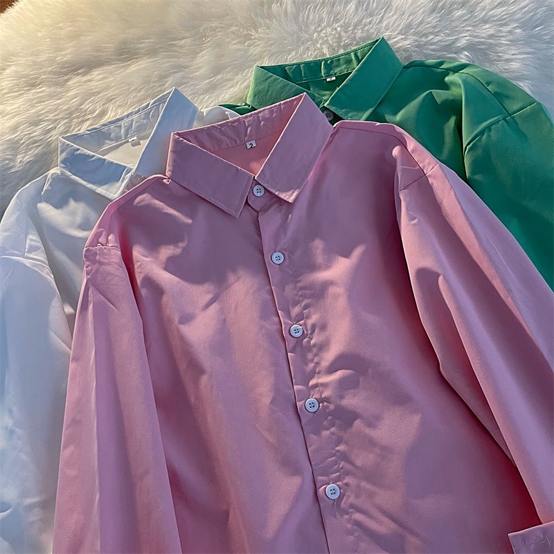 Áo sơ mi tay dài dáng rộng màu trơn phong cách Hàn Quốc thời trang xuân thu cho nữ