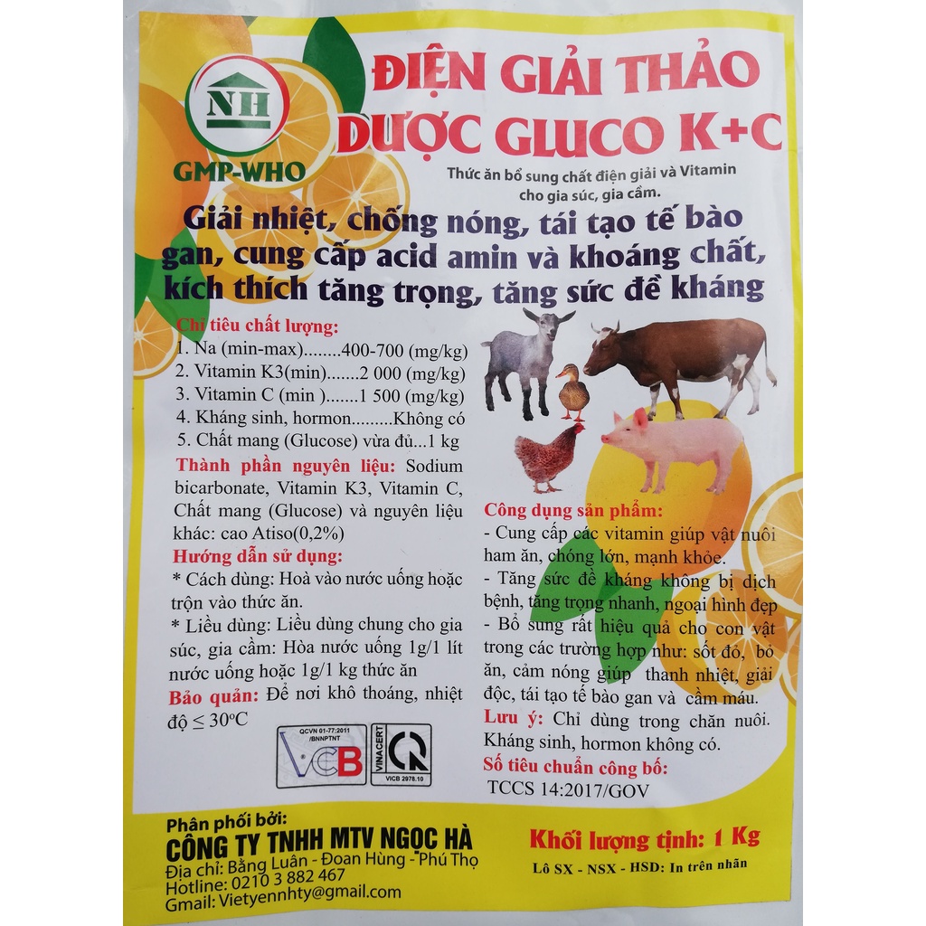 1kg ĐIỆN GIẢI GLUCO KC Giải nhiệt, chống nóng, kích thích tăng trọng, tăng sức đề kháng cho gia súc, gia cầm, chó mèo