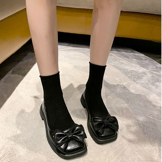 Giày Búp Bê Da Mũi Vuông Đính Nơ Phong Cách Retro Cho Nữ