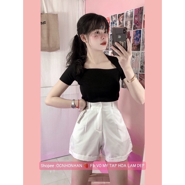 set áo cổ vuông phối quần short săn lai(short pants square neck t-shirt)