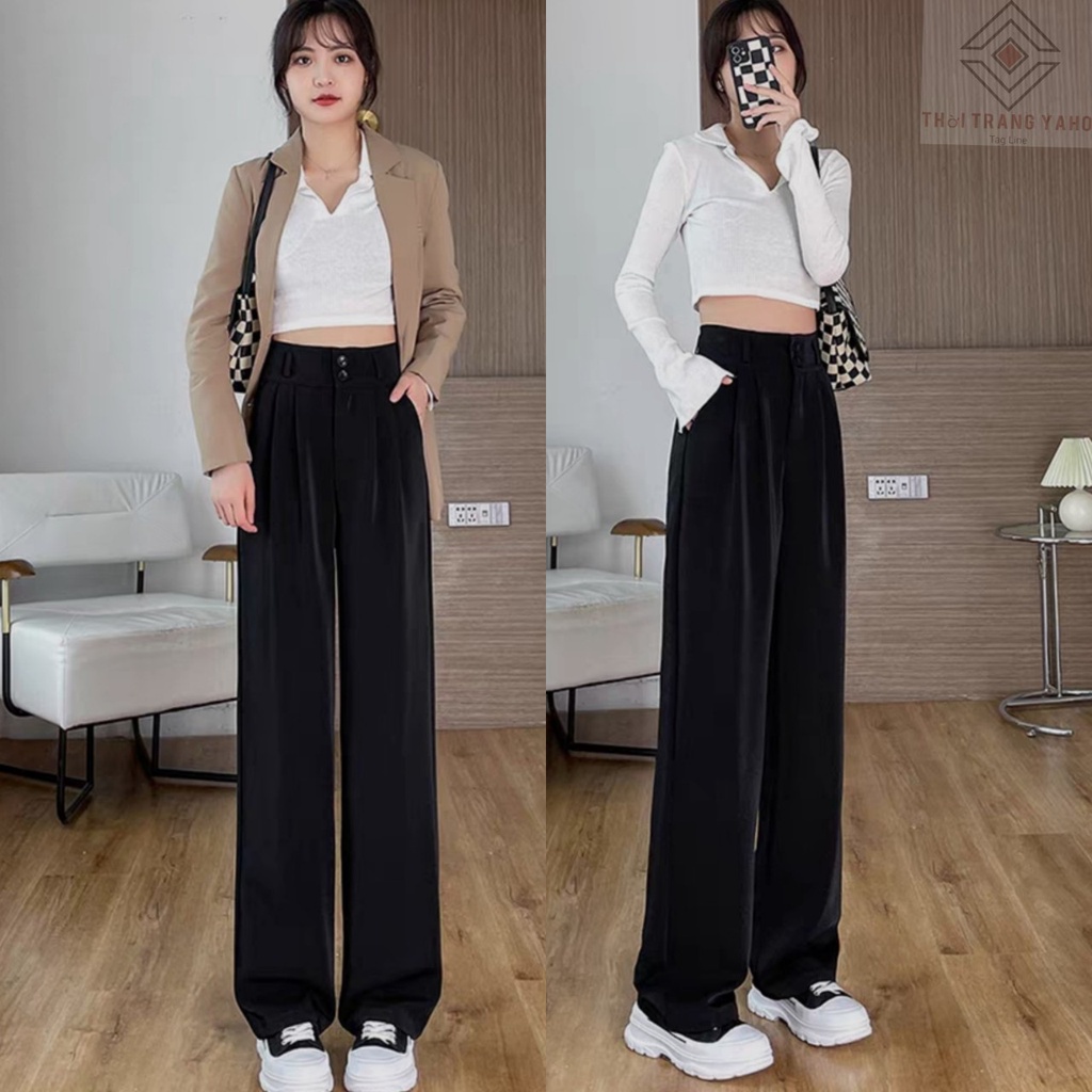 Quần ống rộng lưng cao 2 khuy dáng dài vải mềm khóa kéo trước màu đen- Quần ống suông cạp cao 2 túi cúc From rộng đi học