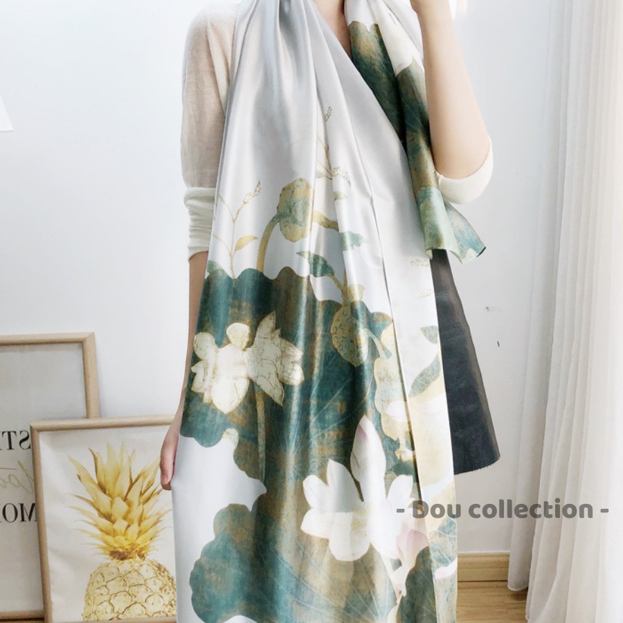 [Nowship2h] Khăn Choàng Quàng Cổ Lụa Cao Cấp Màu Trắng Xanh Đi Biển - Chất Liệu Silk - Size:90x190cm - Mã KS002