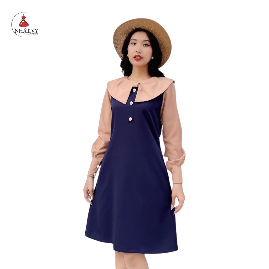 Đầm Nữ NHẬT VY Trơn Tay Dài Phối Nơ Cổ To Đính Cúc Chất Kaki Thun Công Sở Dáng Suông Màu Xanh, Đỏ, Nude - D2195