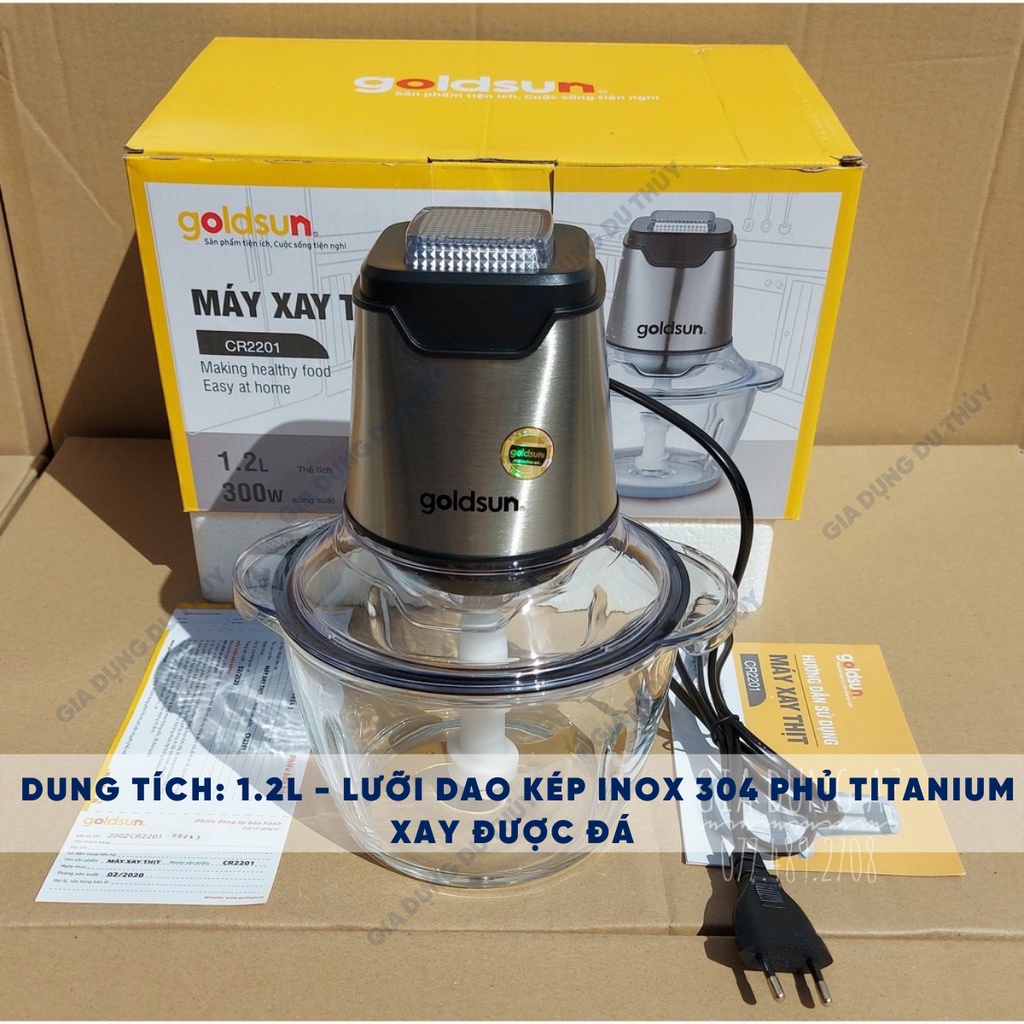 Máy xay thịt đa năng Goldsun lưỡi dao 2 tầng kép inox 304 phủ titanium siêu bền, siêu bén 1L2 300W bảo hành 12 tháng