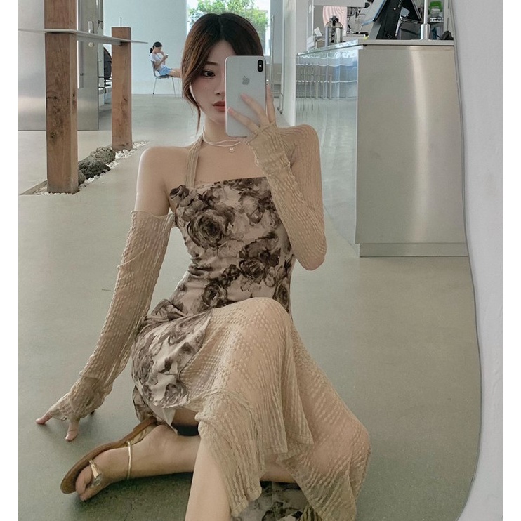 MARTHA | Váy Hoa Nữ Martha Sexy Lệch Vai Kiểu Pháp Cổ Lửng Dài Tay Túi Ngang Hông, Đầm Tiểu Thư Xẻ Tà Ulzzang