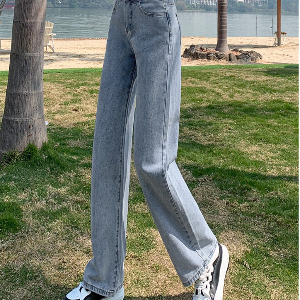 Quần Jeans Trơn Lưng Cao Ống Rộng Phong Cách Hàn Quốc Thời Trang Dành Cho Nữ Có Size Lớn