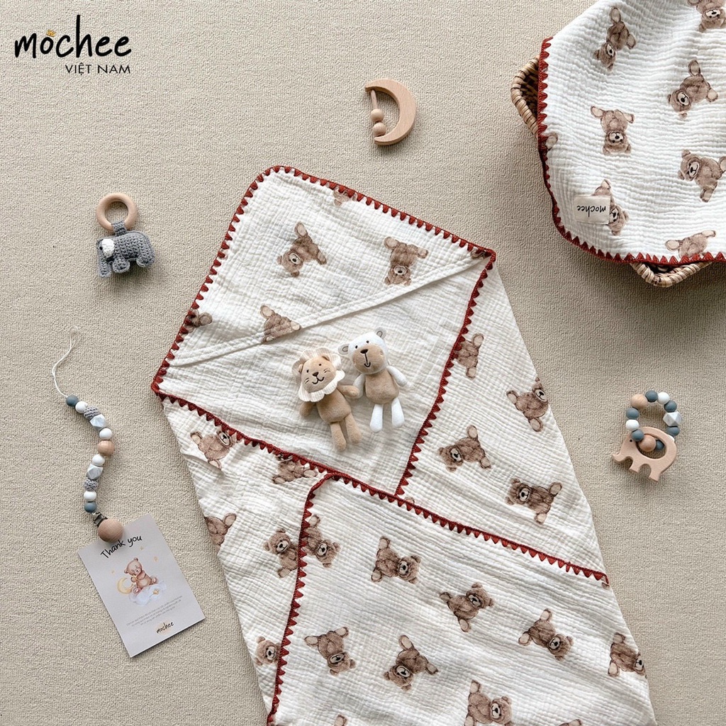 Ủ choàng muslin cho bé Mochee 90x90cm, chăn ủ xô cotton họa tiết cao cấp - Monnie Kids