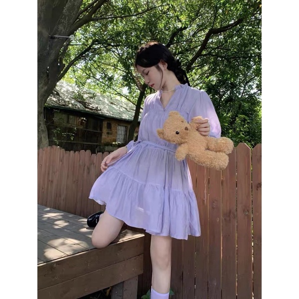 Váy babydoll Dài Tay Tơ 4 Màu Có Đai Siêu Nữ tính