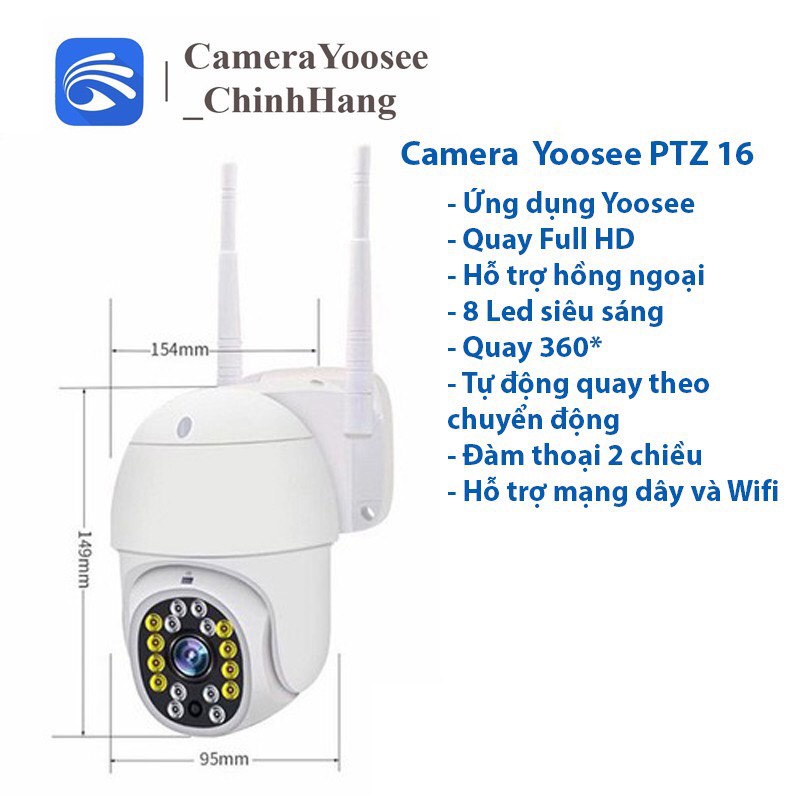 Camera wifi ngoài trời PTZ 2 ăng ten 16 đèn led Full HD 1080P siêu nét, góc rộng, xoay 360 độ, ban đêm có màu