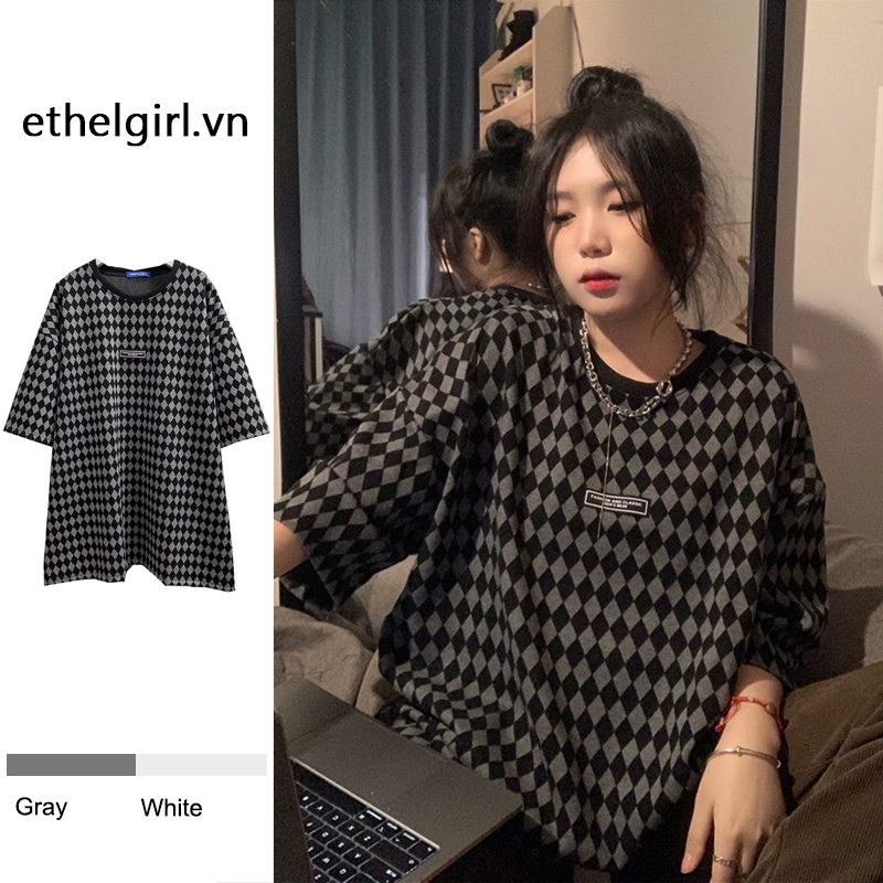 Áo Thun Nữ Ngắn Tay Cổ Tròn Họa Tiết Caro Phong Cách Harajuku retro