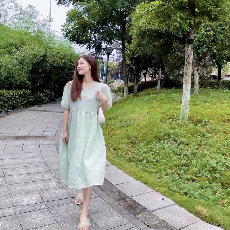 Đầm Suông Cổ Tròn Tay Phồng Váy Suông Màu Trơn Thời Trang Thanh Lịch Phong Cách Mới