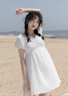 Đầm xốp babydoll nút bọc [Ảnh sản phẩm thật]