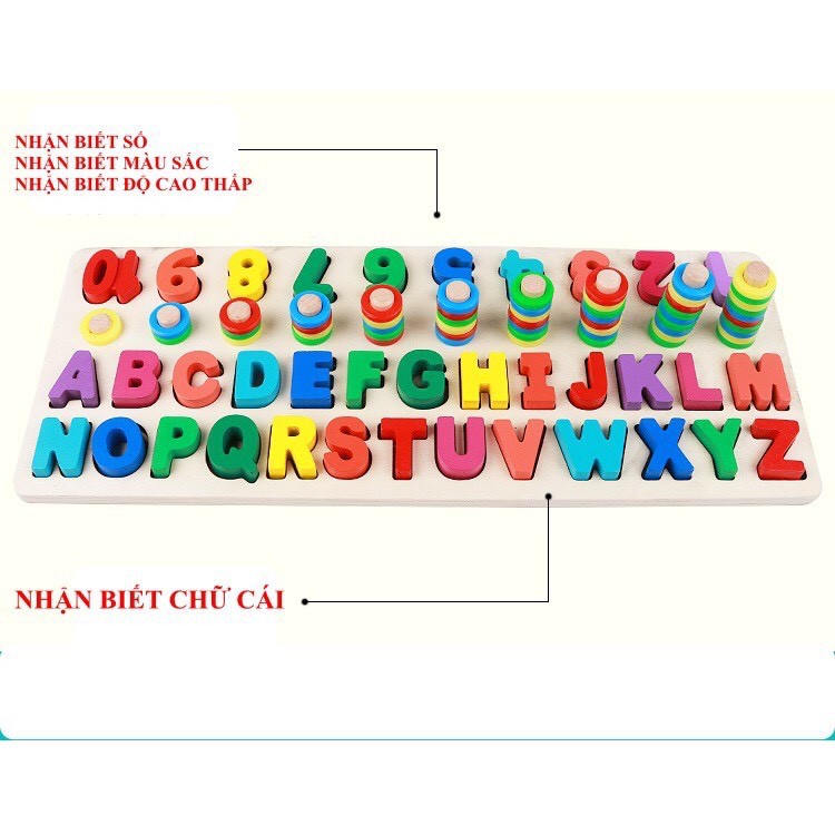 [Size lớn] Bảng gỗ Montessori đa năng, Bảng chữ cái tiếng Anh, bảng số đếm, cột tính, phân biệt màu sắc, thả cọc luyện k