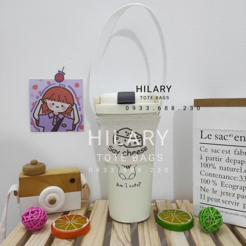 Túi Vải Xách Ly Trà Sữa Dưới 500ml In Chữ Cheese Dây Đai Mỏng
