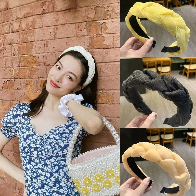 Băng Đô Vải Organza Cao Cấp Co Giãn Thắt Bím Tóc Chống Trượt / Rửa Mặt Trang Điểm Thời Trang Hàn Quốc INS Cho Nữ
