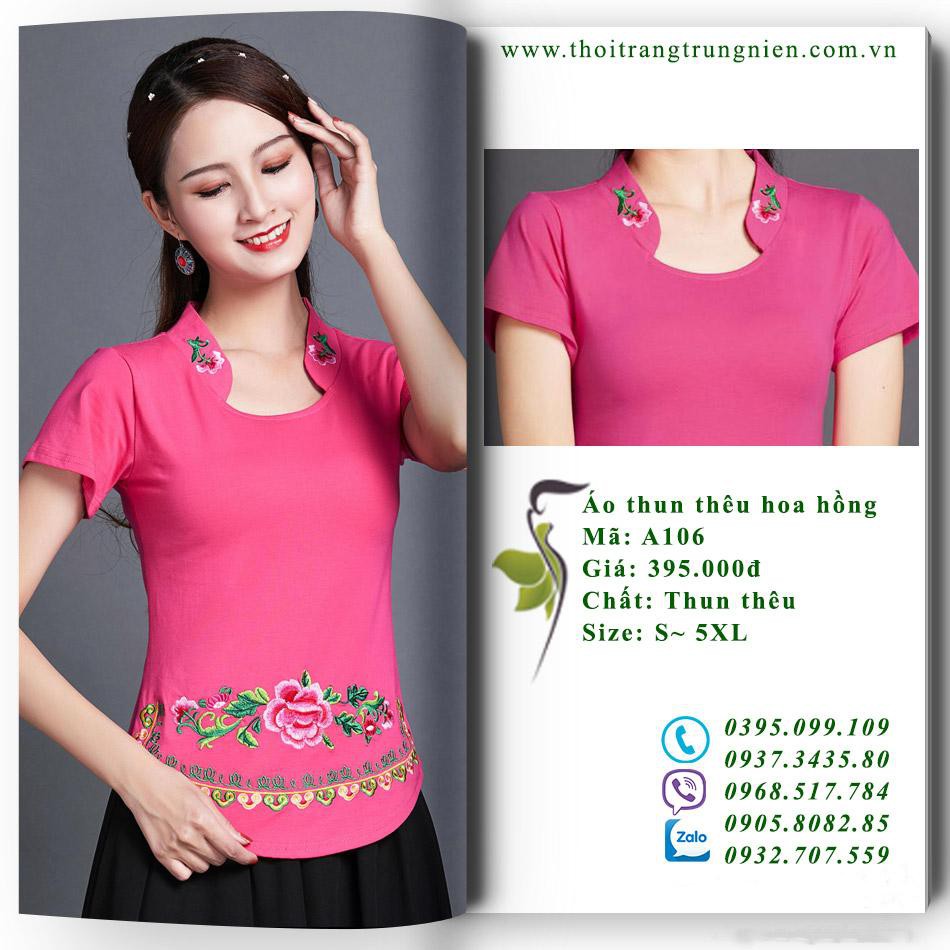 A106 - Áo Thun Thêu Hoa Hồng - Size: S~5XL