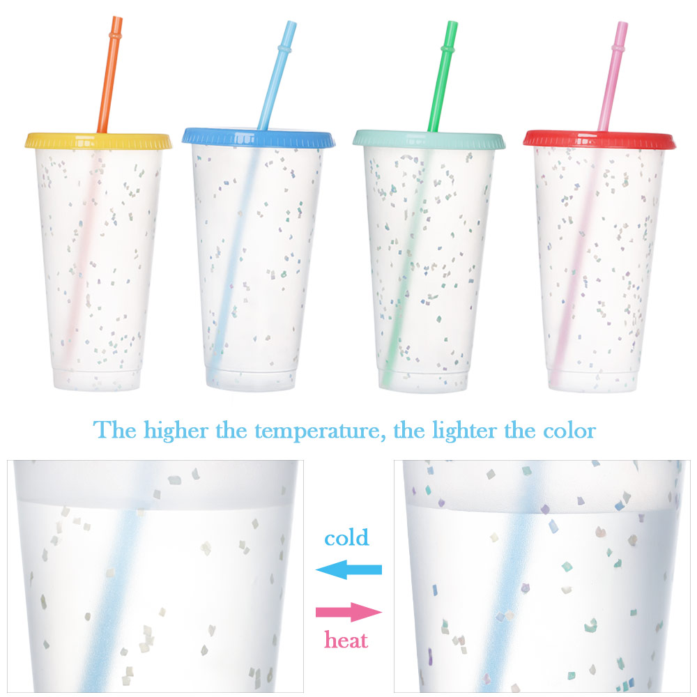 Set 1 cốc nhựa uống nước có ống hút đổi màu tái sử dụng tiện lợi cho hoạt động ngoài trời/ nhiều màu lựa chọn