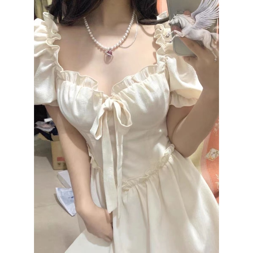 Đầm nữ cổ vuông tay phồng phối ren phong cách pháp cổ điển thời trang