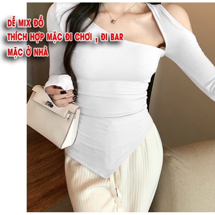 Áo thun nữ vạt nhọn ôm trễ vai tay dài nữ, áo phông body sang chảnh màu đen trắng be