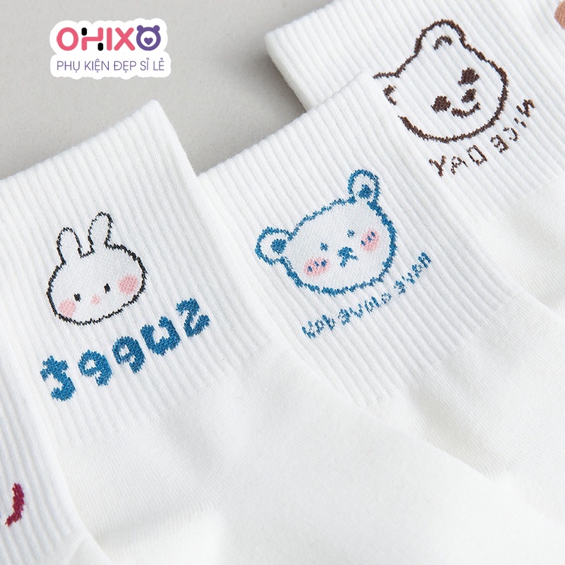 Tất cổ cao, vớ cổ cao nữ trắng họa tiết dễ thương vải co giãn thời trang Hàn Quốc PK14 OHIXO