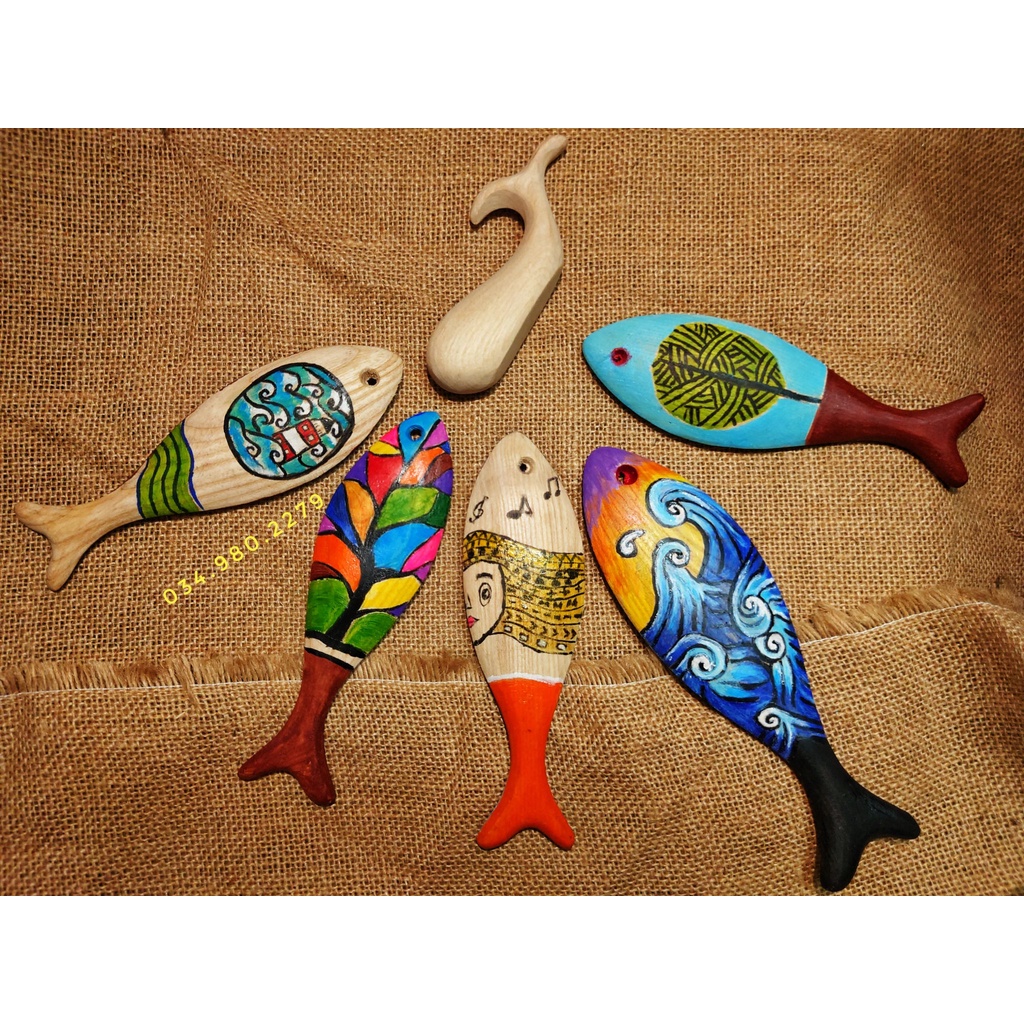 Combo 6 cá gỗ decor đủ 3size - Cá gỗ mộc trang trí