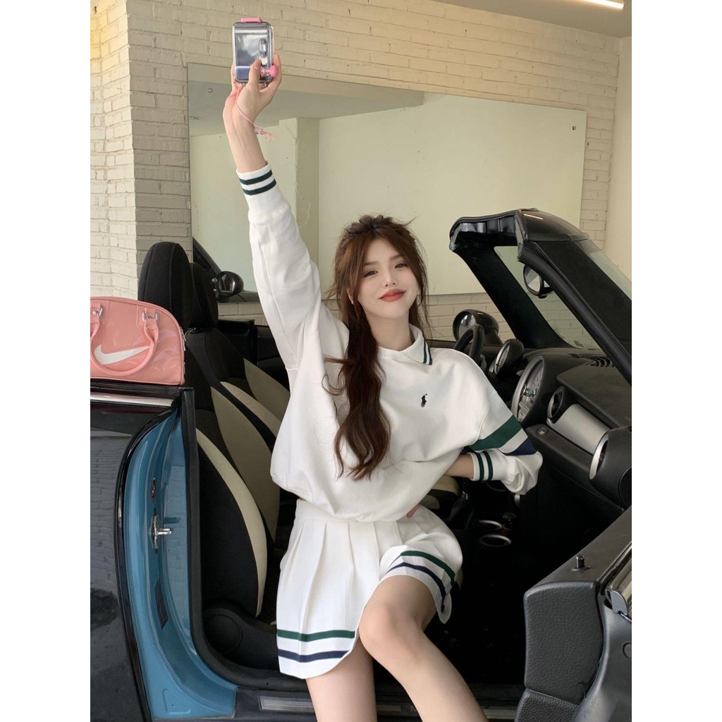 Áo Thun polo Tay Dài Họa Tiết Kẻ Sọc Phong Cách Retro Cho Nữ