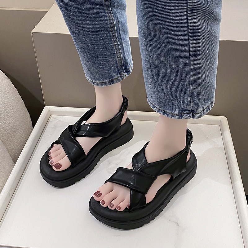 Giày MWC 2956 - Sandal Nữ Đế Cao Quai Chéo Xoắn Cách Điệu, Sandal Đế Bánh Mì 5p Hack Dáng Phối Quai Hậu Thun Thời Trang
