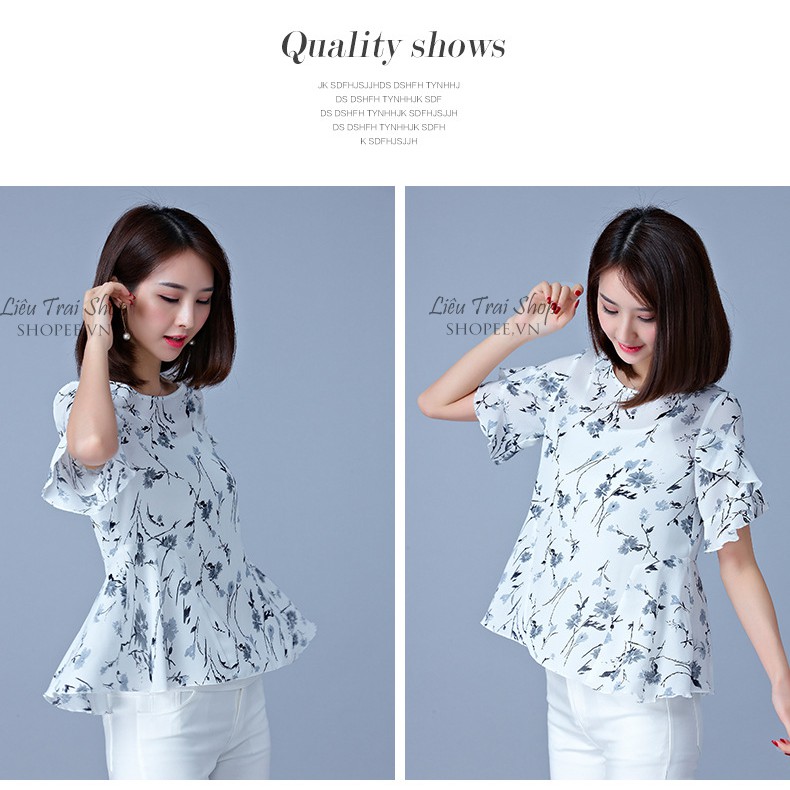 Hàng Nhập_Áo hoa voan nữ tay bèo che bụng áo peplum