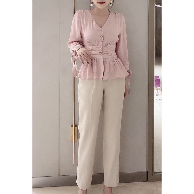 Áo sơ mi tay lửng cổ V nhún eo