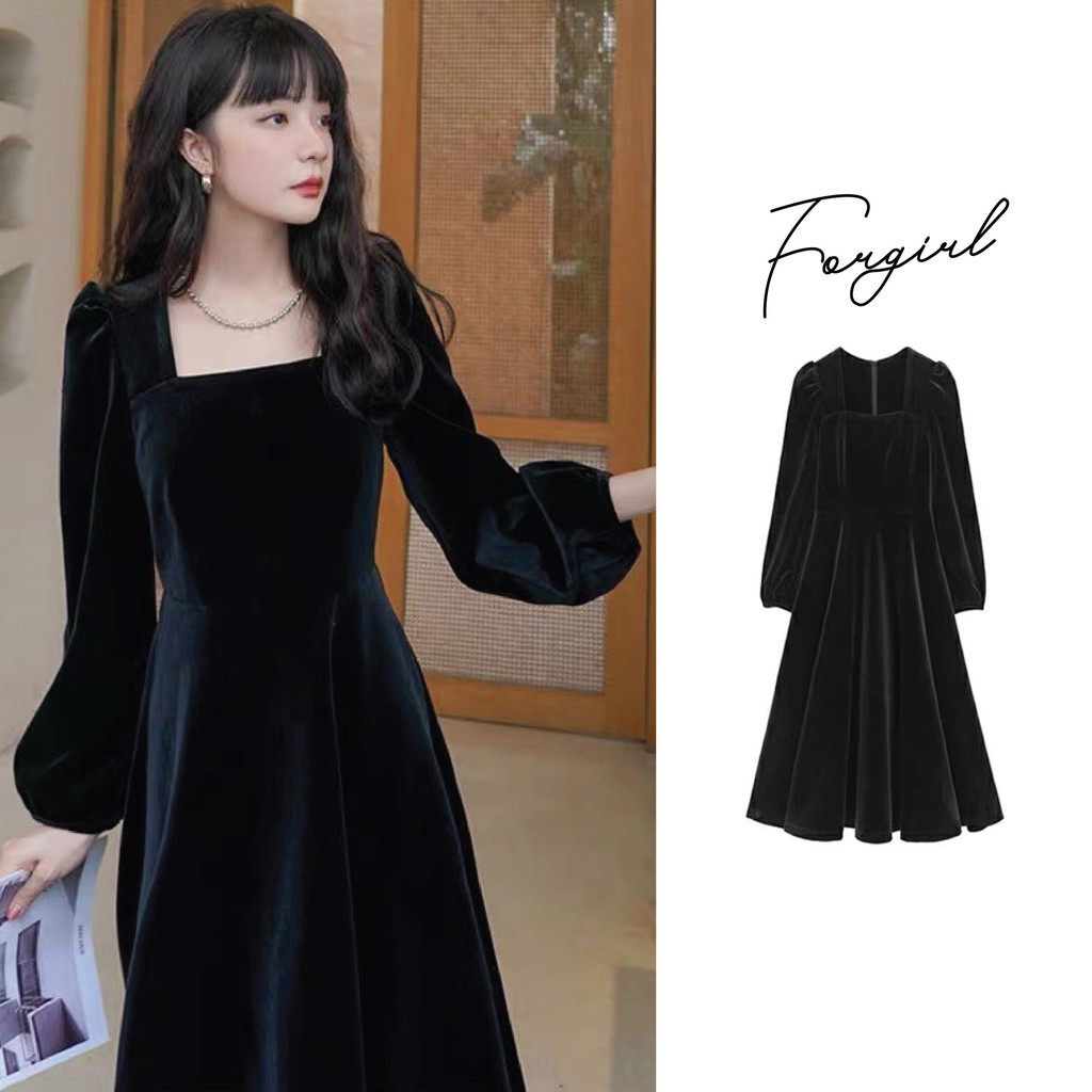 Váy dài nữ cổ vuông nhung Forgỉl váy xoè tiểu thư cao cấp tay phồng dáng dài qua gối