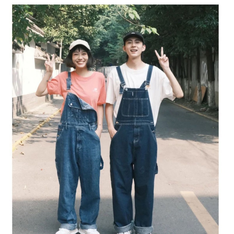 Quần Yếm denim Dáng Rộng Phong Cách retro Nhật Bản Cho Nam