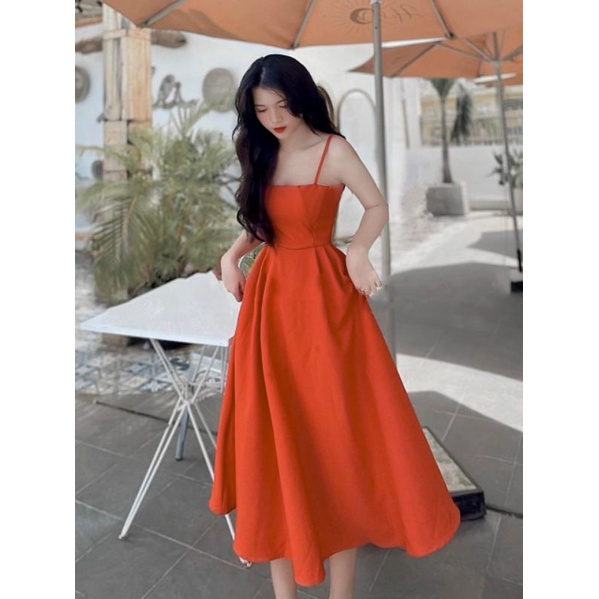 Đầm maxi xoè 2 dây xếp li eo Lh0917399527