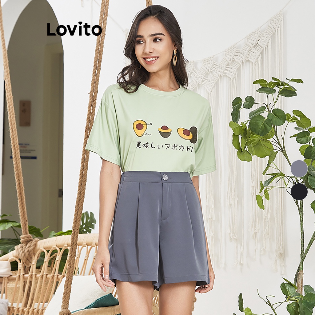 Quần short Lovito ống đứng lưng cao phối nút màu đen/xám thời trang L02047