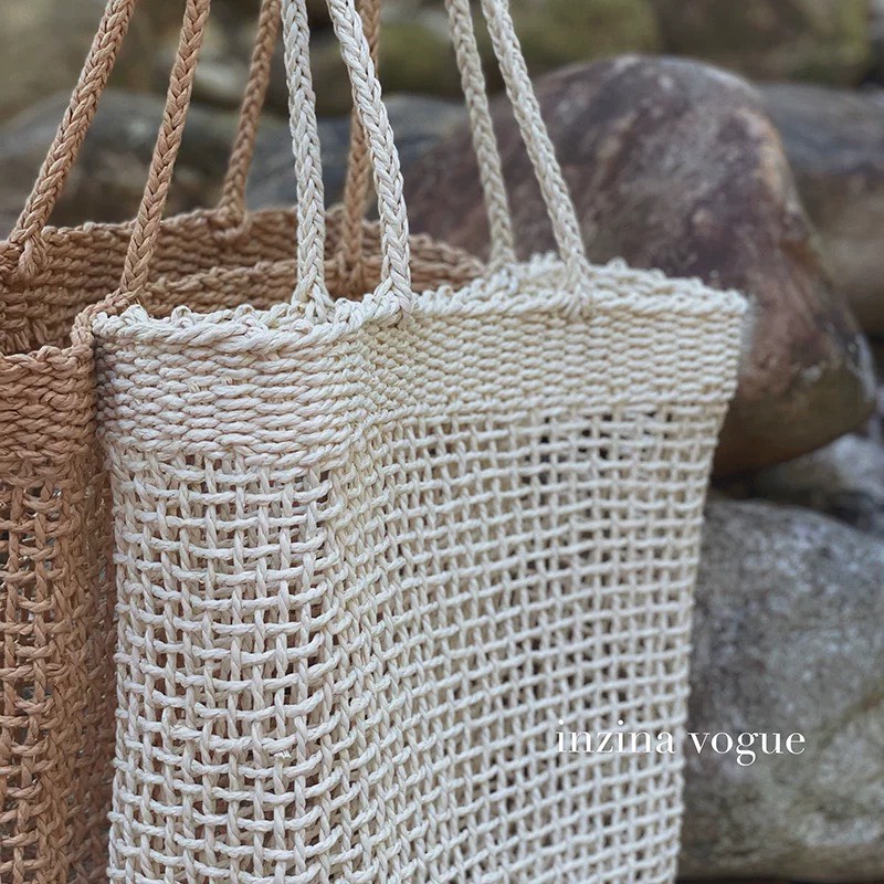 Túi Cói Tote Lưới Vuông Đan Thưa Không Lót Vải Đeo Vai Hàng Chuẩn Quảng Châu Xịn Tặng Nơ Ren Dễ Thương