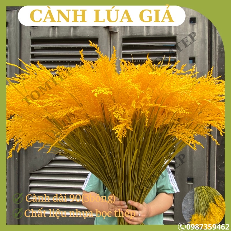 Cành lúa giả màu vàng 3 bông trĩu siêu đẹp, dài 90cm (ship ngay)