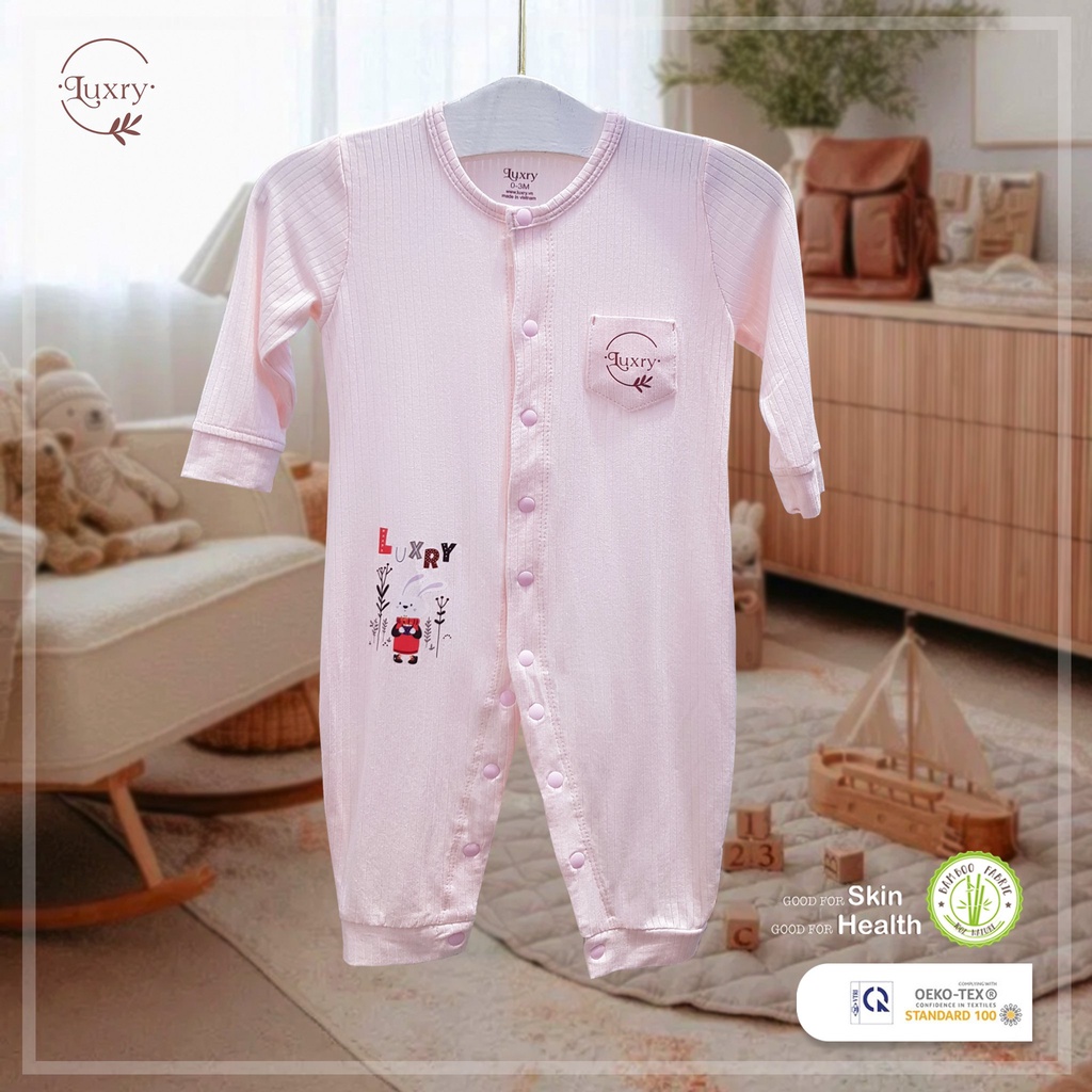Bộ đồ liền thân Body dài tay, bodysuit Luxry thỏ vân đáng yêu chất vải sợi tre cho trẻ sơ sinh đến 18 tháng