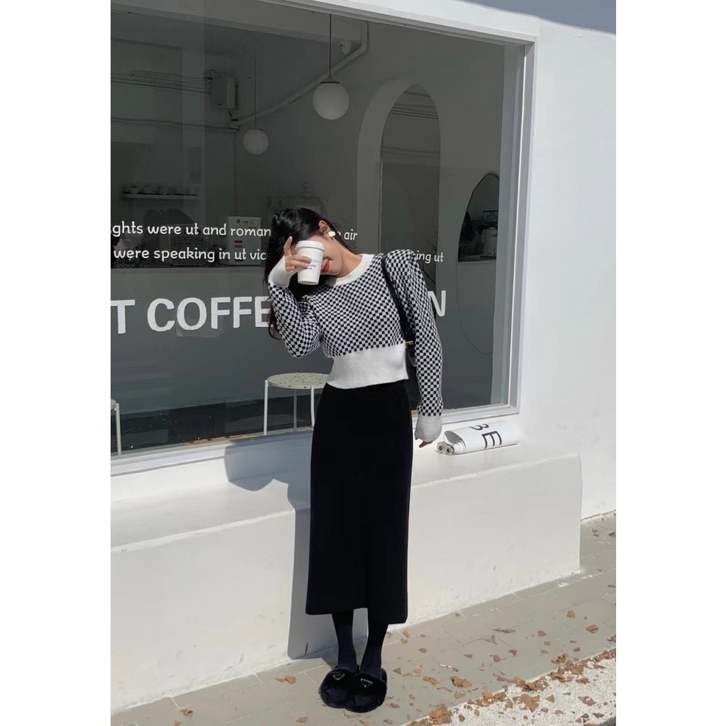 SUXI Áo croptop dệt kim tay dài cổ tròn họa tiết kẻ sọc thời trang Hàn Quốc cho nữ