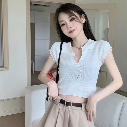 QKOOLE  Áo Croptop Dệt Kim Tay Ngắn Phong Cách Vintage Hàn Quốc