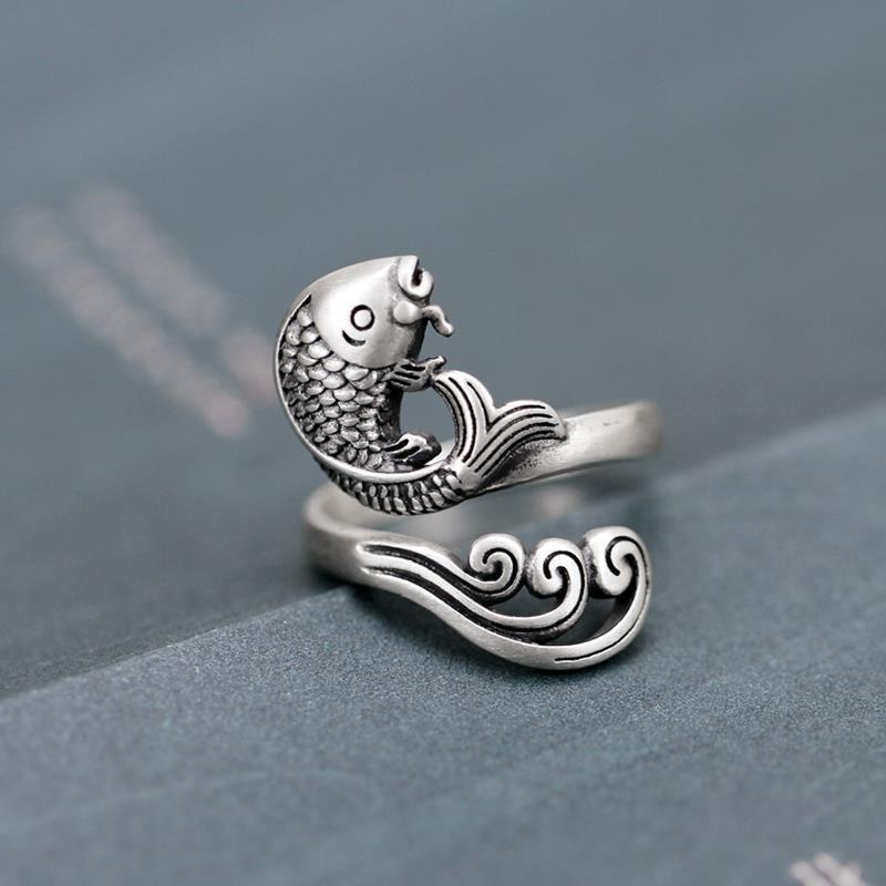 [shop  Welfare] hd-by-2021 classic simple personality like fish in water ring opening silver Koi food ring