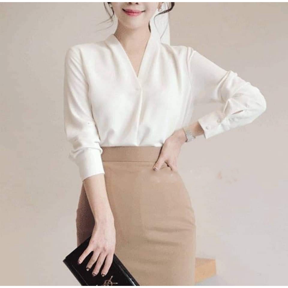 ÁO SƠ MI TRẮNG CÔNG SỞ CỔ V PHONG CÁCH HÀN QUỐC SIÊU XINH AM07