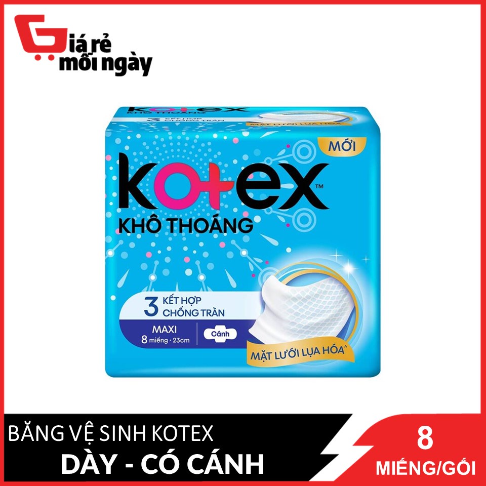 Băng Vệ Sinh Maxi 23cm Kotex Khô Thoáng Kết Hợp 3 Chống Tràn 8 miếng