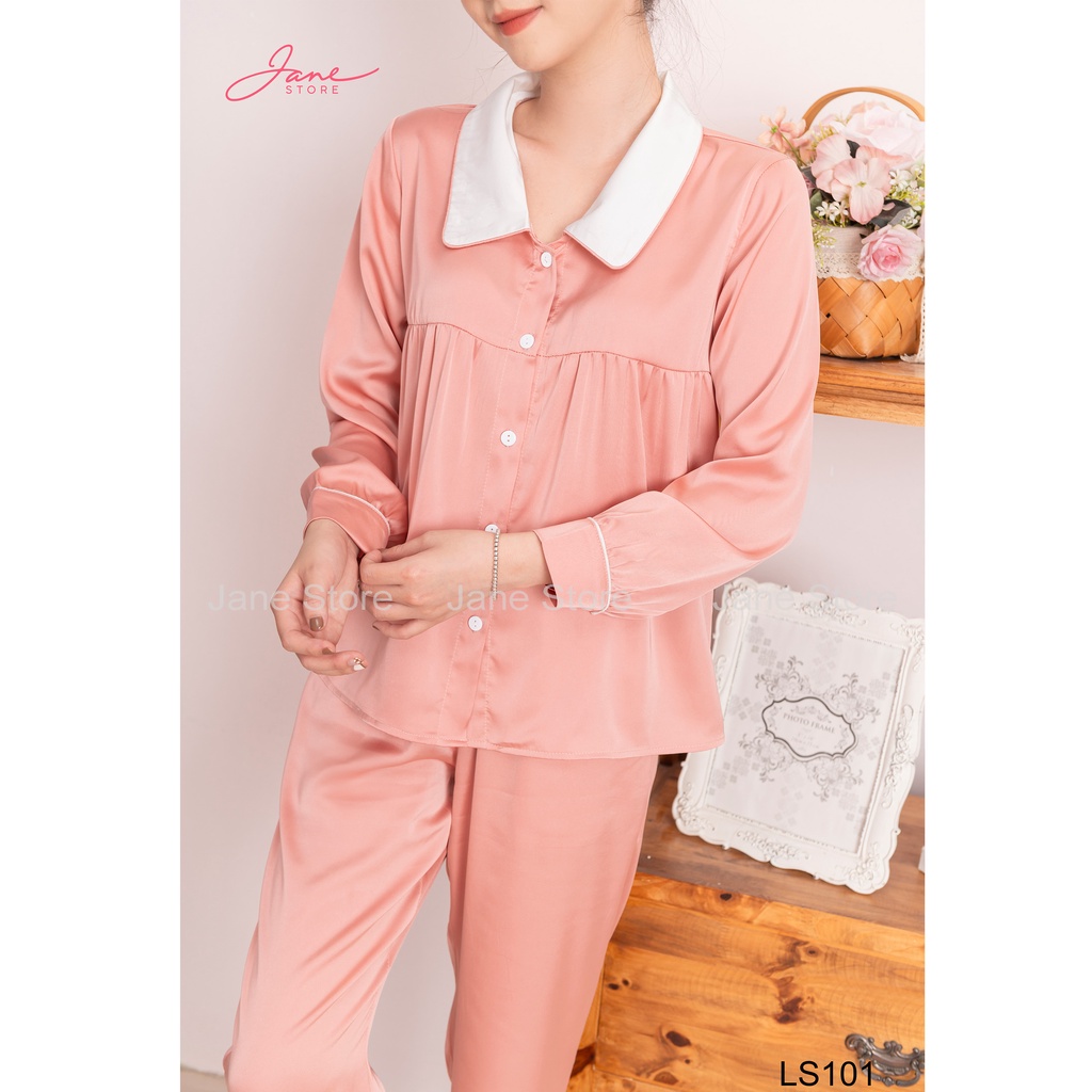 Bộ đồ lụa - Set đồ ngủ lụa Pháp cao cấp - Đồ ngủ dài tay trơn màu cổ sen cổ trắng sang trọng, tinh tế JANE mã LS10