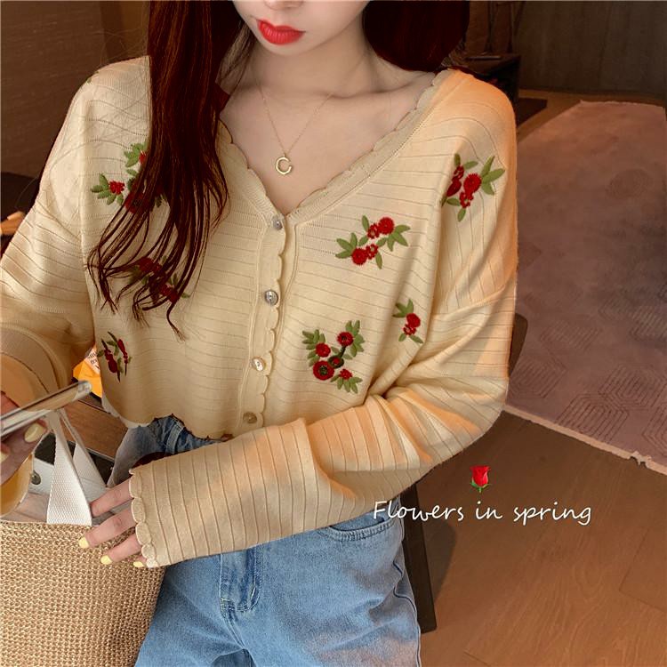 [CÓ SẴN - FREESHIP ĐƠN TỪ 50k] Áo khoác len cardigan croptop thêu hoa đỏ / Áo len croptop tay dài KL10