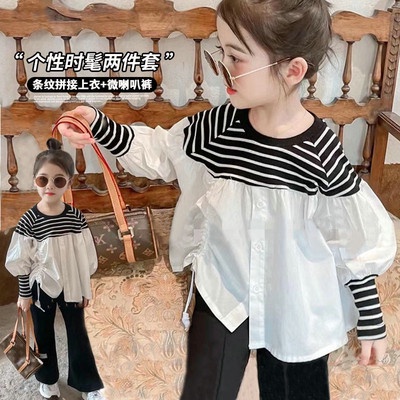 Bộ bán lẻ áo kẻ sọc và quần ống loe thời trang cho bé gái 3-8 tuổi