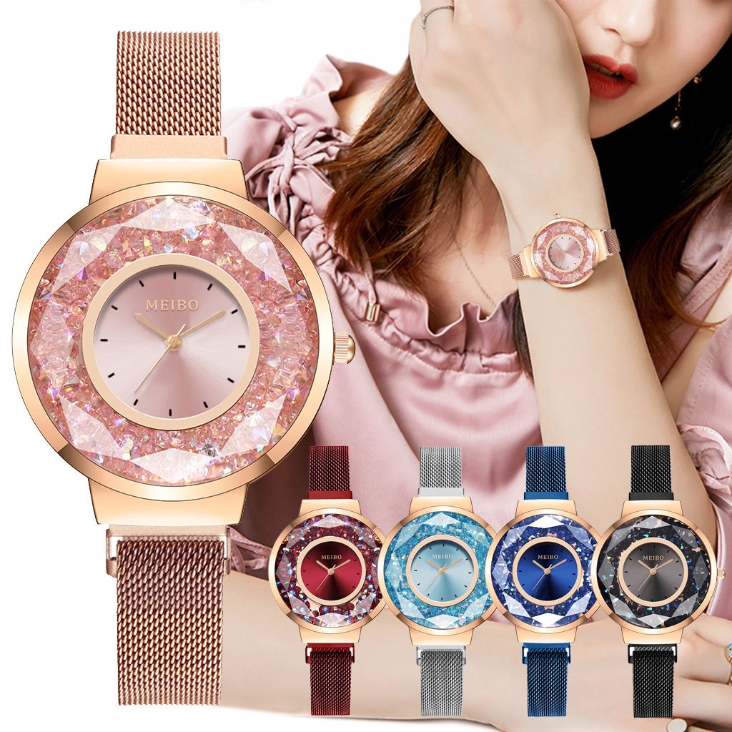 Đồng hồ mặt tròn chất liệu thép không gỉ đính đá sang trọng cho nữ