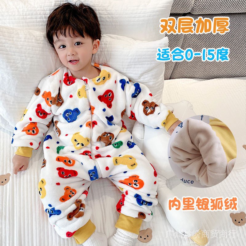 Bộ Đồ Ngủ Liền Thân Bằng Lông Cừu Flannel Dày Hai Lớp In Họa Tiết Dễ Thương Giữ Ấm Cho Bé
