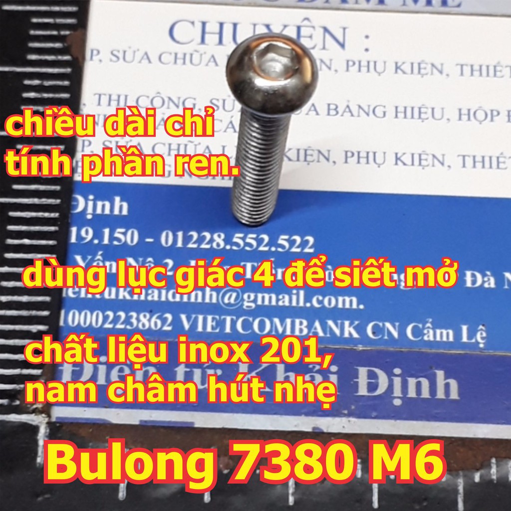 bulong bu lông vít pake DIN7380, đầu dù, lỗ lục giác chìm, inoc inox 201 M6 các loại 8mm ~ 70mm kde6255