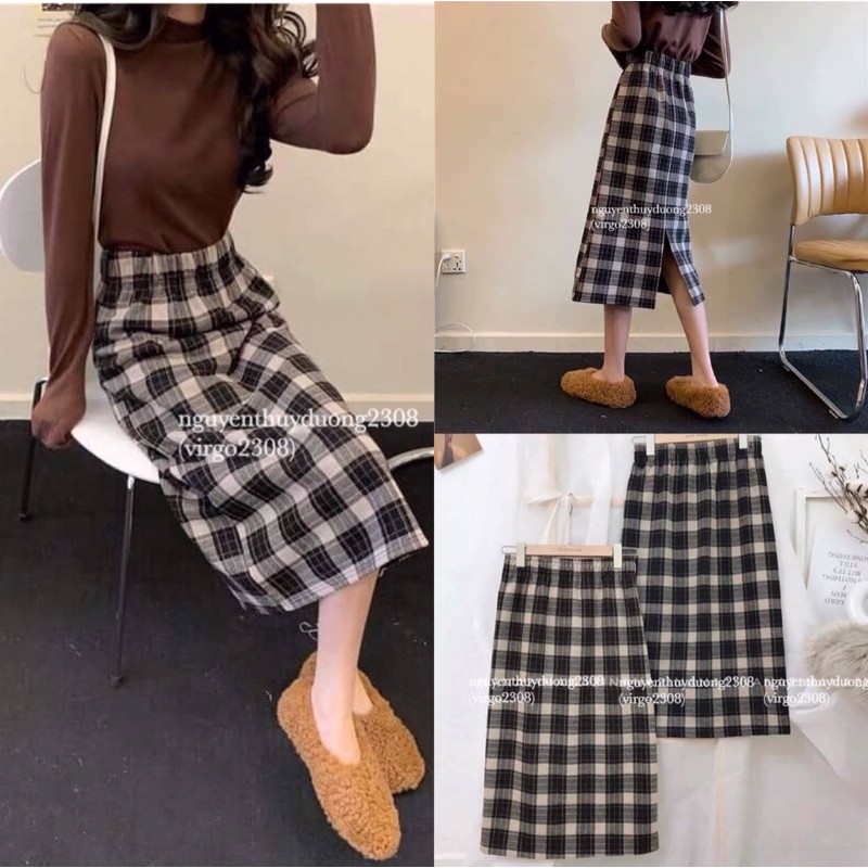Chân váy dạ tweet kẻ caro phong cách Ulzzang